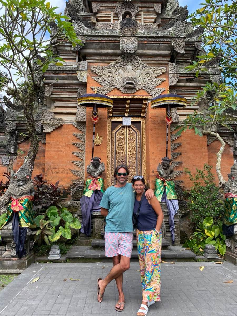 Jaime and Laura Conley at a temple gate in Ubud, Bali.